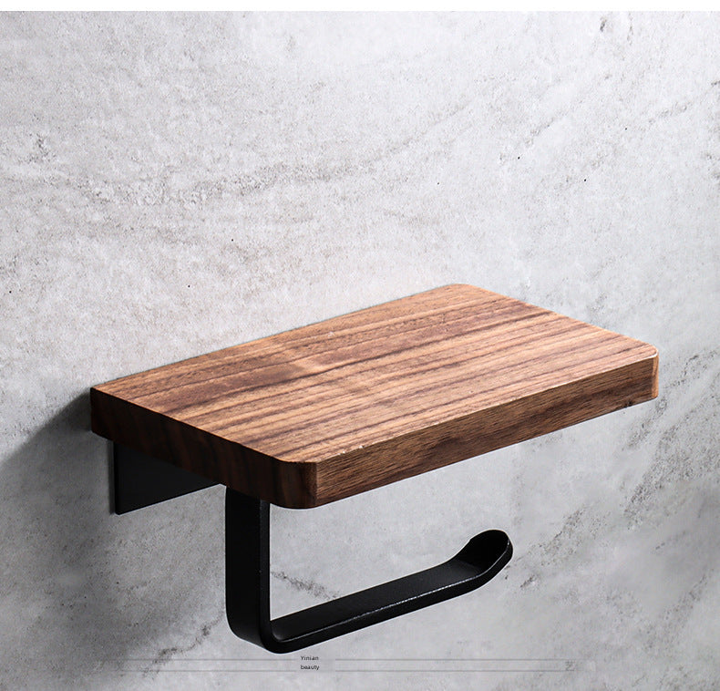 Creative Solid Wood Tissue Holder Punch-free Toilet Tissue Box Toilet Mobile Phone Storage Rack Black Walnut Roll Paper Holder