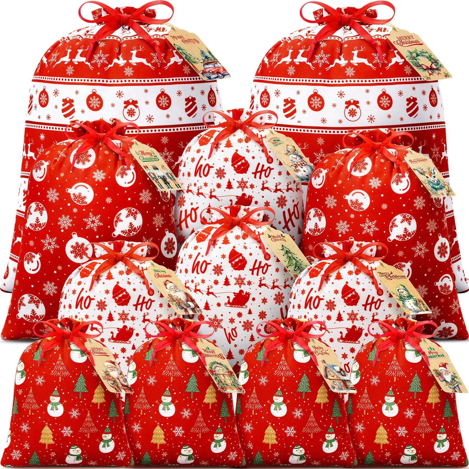 12PCS Christmas Gift Bags Assorted Sizes Bulk Holiday Gift Bags with Tags Large Medium Small Xmas Gift Bags Fabric Christmas Wrapping Bags Drawstring Gift Bags for Presents Party Favors Sack